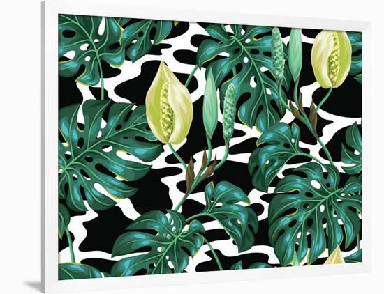 Seamless Pattern with Monstera Leaves. Decorative Image of Tropical Foliage and Flower. Background-incomible-Framed Art Print