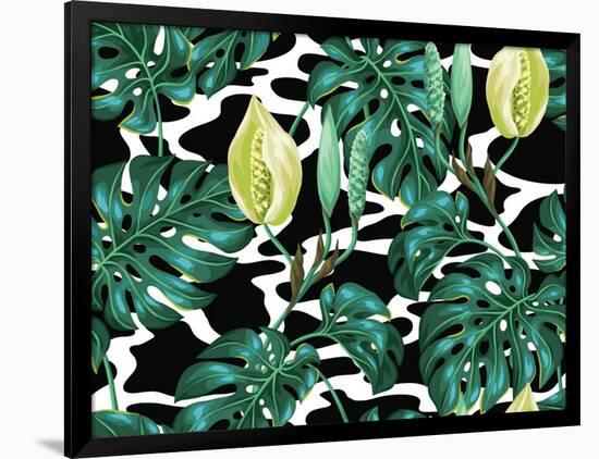 Seamless Pattern with Monstera Leaves. Decorative Image of Tropical Foliage and Flower. Background-incomible-Framed Art Print