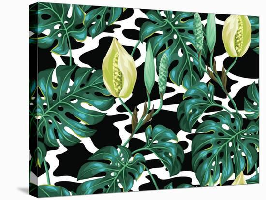 Seamless Pattern with Monstera Leaves. Decorative Image of Tropical Foliage and Flower. Background-incomible-Stretched Canvas