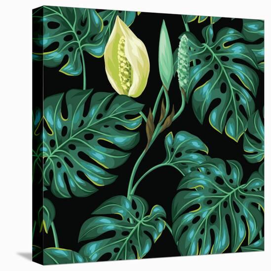 Seamless Pattern with Monstera Leaves. Decorative Image of Tropical Foliage and Flower. Background-incomible-Stretched Canvas