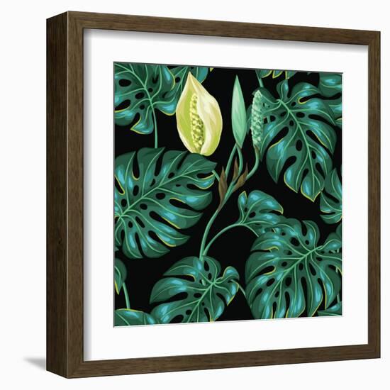 Seamless Pattern with Monstera Leaves. Decorative Image of Tropical Foliage and Flower. Background-incomible-Framed Art Print