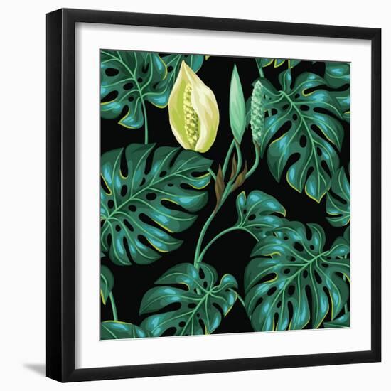 Seamless Pattern with Monstera Leaves. Decorative Image of Tropical Foliage and Flower. Background-incomible-Framed Art Print