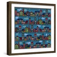 Seamless Pattern with Multi-Colored Houses in the Night City-Milovelen-Framed Art Print