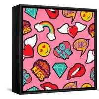 Seamless Pattern with Pink Girl Icons in Pop Art Style, Emoji, Love, and Rainbow Stitch Patches-Cienpies Design-Framed Stretched Canvas