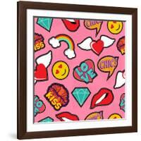 Seamless Pattern with Pink Girl Icons in Pop Art Style, Emoji, Love, and Rainbow Stitch Patches-Cienpies Design-Framed Art Print