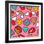 Seamless Pattern with Pink Girl Icons in Pop Art Style, Emoji, Love, and Rainbow Stitch Patches-Cienpies Design-Framed Art Print