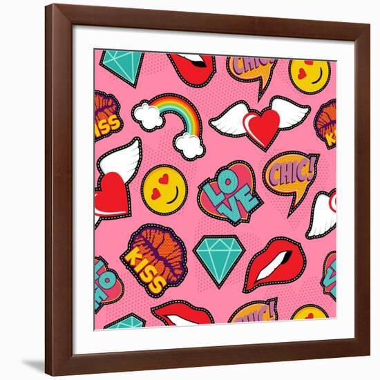 Seamless Pattern with Pink Girl Icons in Pop Art Style, Emoji, Love, and Rainbow Stitch Patches-Cienpies Design-Framed Art Print