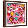 Seamless Pattern with Pink Girl Icons in Pop Art Style, Emoji, Love, and Rainbow Stitch Patches-Cienpies Design-Framed Art Print