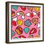 Seamless Pattern with Pink Girl Icons in Pop Art Style, Emoji, Love, and Rainbow Stitch Patches-Cienpies Design-Framed Art Print