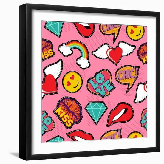 Seamless Pattern with Pink Girl Icons in Pop Art Style, Emoji, Love, and Rainbow Stitch Patches-Cienpies Design-Framed Art Print