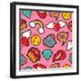 Seamless Pattern with Pink Girl Icons in Pop Art Style, Emoji, Love, and Rainbow Stitch Patches-Cienpies Design-Framed Art Print