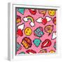 Seamless Pattern with Pink Girl Icons in Pop Art Style, Emoji, Love, and Rainbow Stitch Patches-Cienpies Design-Framed Art Print