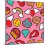 Seamless Pattern with Pink Girl Icons in Pop Art Style, Emoji, Love, and Rainbow Stitch Patches-Cienpies Design-Mounted Art Print