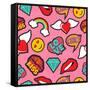 Seamless Pattern with Pink Girl Icons in Pop Art Style, Emoji, Love, and Rainbow Stitch Patches-Cienpies Design-Framed Stretched Canvas