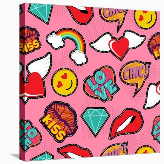 Seamless Pattern with Pink Girl Icons in Pop Art Style, Emoji, Love, and Rainbow Stitch Patches-Cienpies Design-Stretched Canvas