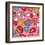 Seamless Pattern with Pink Girl Icons in Pop Art Style, Emoji, Love, and Rainbow Stitch Patches-Cienpies Design-Framed Art Print