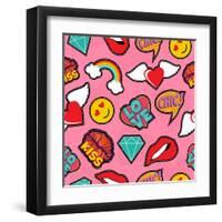 Seamless Pattern with Pink Girl Icons in Pop Art Style, Emoji, Love, and Rainbow Stitch Patches-Cienpies Design-Framed Art Print