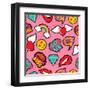 Seamless Pattern with Pink Girl Icons in Pop Art Style, Emoji, Love, and Rainbow Stitch Patches-Cienpies Design-Framed Art Print