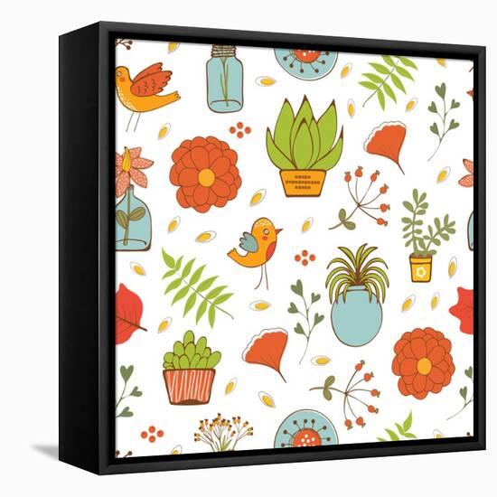 Seamless Pattern with Plants Birds Leaves and Flowers-Olillia-Framed Stretched Canvas