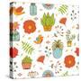 Seamless Pattern with Plants Birds Leaves and Flowers-Olillia-Stretched Canvas