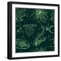 Seamless Pattern with Tropical Fish, Jellyfish, Marine Plants and Seaweed. Vintage Hand Drawn Vecto-Nikolayenko Yekaterina-Framed Art Print