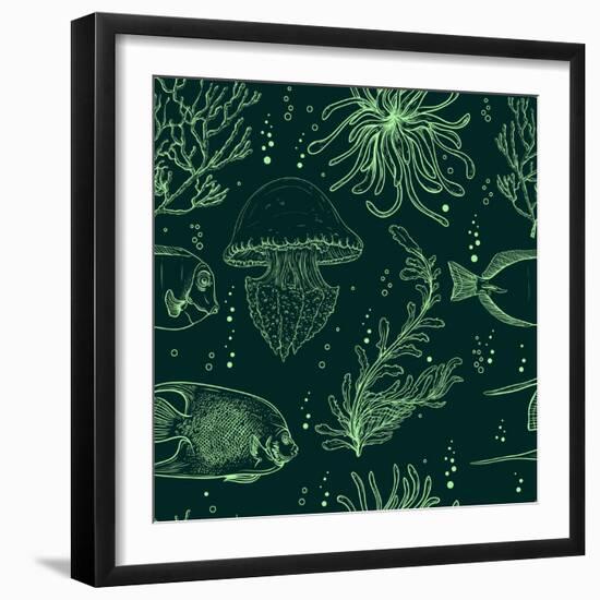 Seamless Pattern with Tropical Fish, Jellyfish, Marine Plants and Seaweed. Vintage Hand Drawn Vecto-Nikolayenko Yekaterina-Framed Art Print