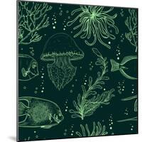 Seamless Pattern with Tropical Fish, Jellyfish, Marine Plants and Seaweed. Vintage Hand Drawn Vecto-Nikolayenko Yekaterina-Mounted Art Print