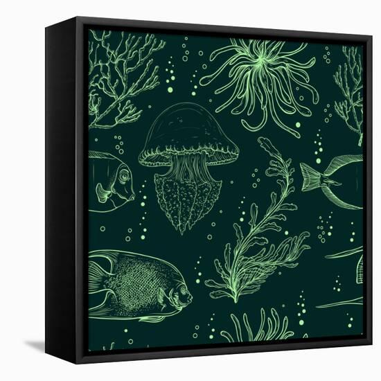 Seamless Pattern with Tropical Fish, Jellyfish, Marine Plants and Seaweed. Vintage Hand Drawn Vecto-Nikolayenko Yekaterina-Framed Stretched Canvas