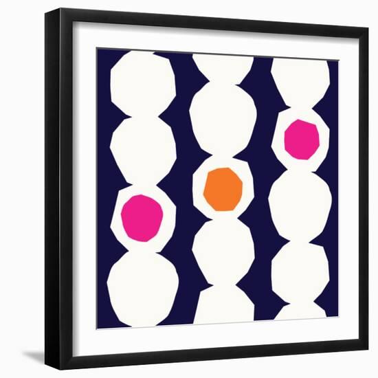 Seamless Repeating Pattern with Abstract Geometric Shapes in White, Pink and Orange on Navy Blue Ba-Iveta Angelova-Framed Art Print