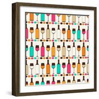 Seamless Retro Pattern With Bottles Of Wine And Glasses-incomible-Framed Art Print