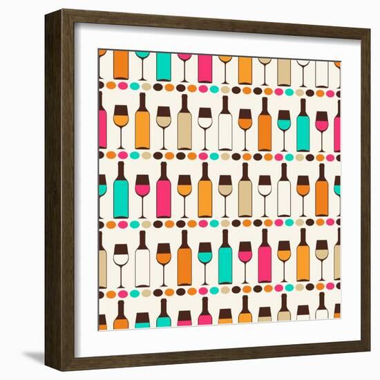 Seamless Retro Pattern With Bottles Of Wine And Glasses-incomible-Framed Art Print