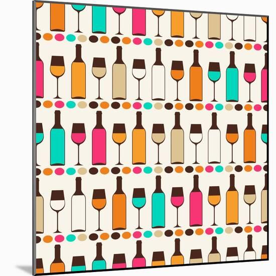 Seamless Retro Pattern With Bottles Of Wine And Glasses-incomible-Mounted Art Print