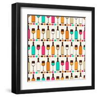 Seamless Retro Pattern With Bottles Of Wine And Glasses-incomible-Framed Art Print