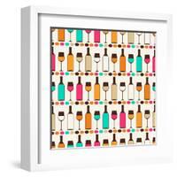 Seamless Retro Pattern With Bottles Of Wine And Glasses-incomible-Framed Art Print