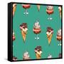 Seamless Sweet Pattern with Ice Cream Desserts. Hand Drawn Vector Illustration.-Elena Akimova-Framed Stretched Canvas
