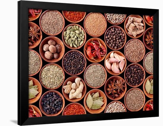 Seamless Texture of Spices on Black Background-Andrii Gorulko-Framed Photographic Print