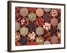 Seamless Texture of Spices on Black Background-Andrii Gorulko-Framed Photographic Print