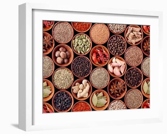 Seamless Texture of Spices on Black Background-Andrii Gorulko-Framed Photographic Print