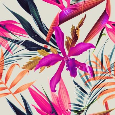 Seamless Tropical Flower, Plant and Leaf Pattern Background ...