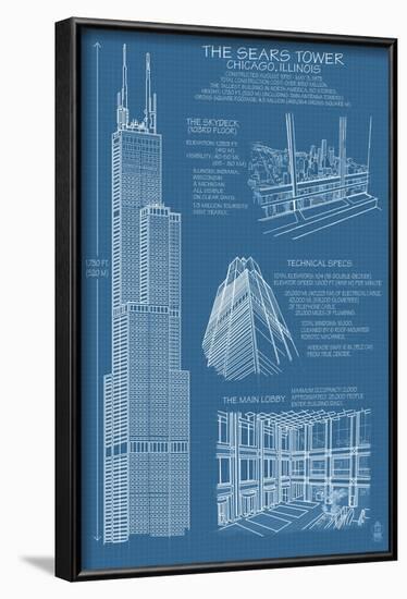 Sears Tower Blue Print - Chicago, Il, c.2009-Lantern Press-Framed Art Print