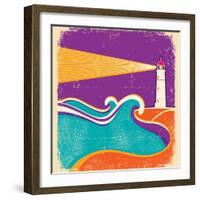 Seascape Horizon With Lighthouse On Grunge Paper Texture-GeraKTV-Framed Art Print