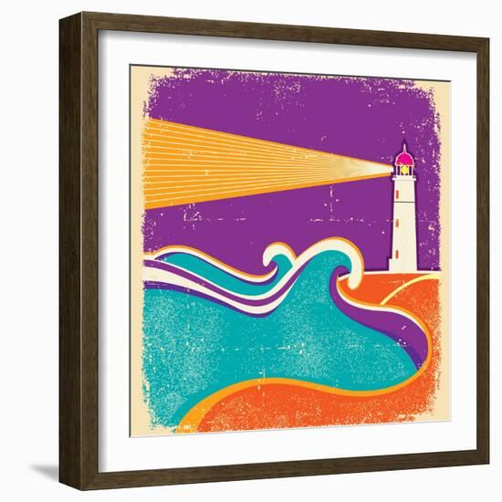 Seascape Horizon With Lighthouse On Grunge Paper Texture-GeraKTV-Framed Art Print