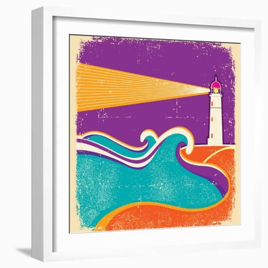 Seascape Horizon With Lighthouse On Grunge Paper Texture-GeraKTV-Framed Art Print