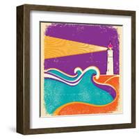 Seascape Horizon With Lighthouse On Grunge Paper Texture-GeraKTV-Framed Art Print