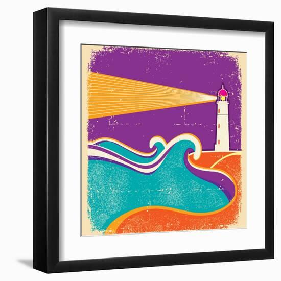 Seascape Horizon With Lighthouse On Grunge Paper Texture-GeraKTV-Framed Art Print