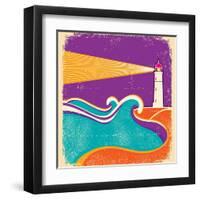 Seascape Horizon With Lighthouse On Grunge Paper Texture-GeraKTV-Framed Art Print