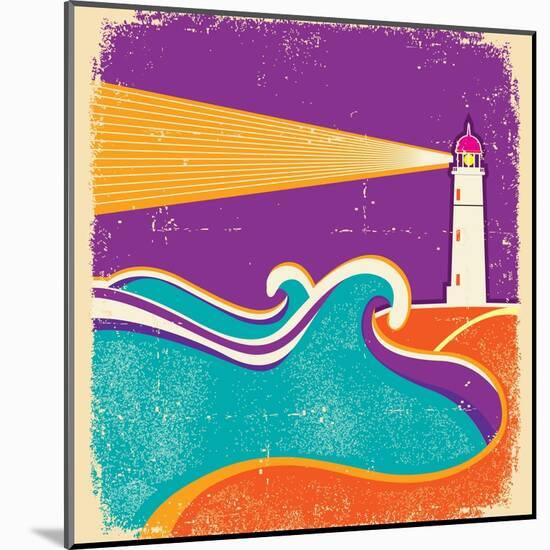 Seascape Horizon With Lighthouse On Grunge Paper Texture-GeraKTV-Mounted Art Print