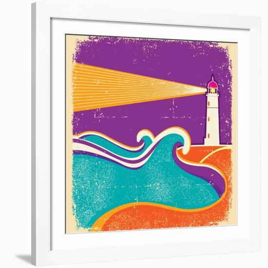 Seascape Horizon With Lighthouse On Grunge Paper Texture-GeraKTV-Framed Art Print