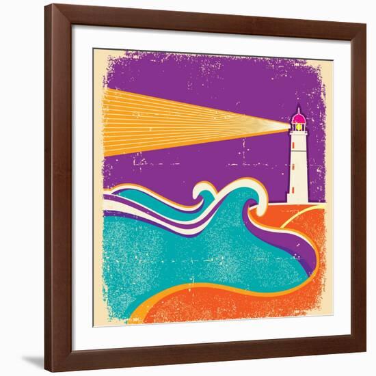 Seascape Horizon With Lighthouse On Grunge Paper Texture-GeraKTV-Framed Art Print