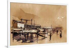 Seascape Painting Showing Pier of Fishing Village in the Evening,Watercolor Style-Tithi Luadthong-Framed Art Print